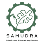 SamudraOceans logo. A green cog on a white background with a leaf in the centre. The text below reads Samudra, Robotics and AI to scale kelp farming