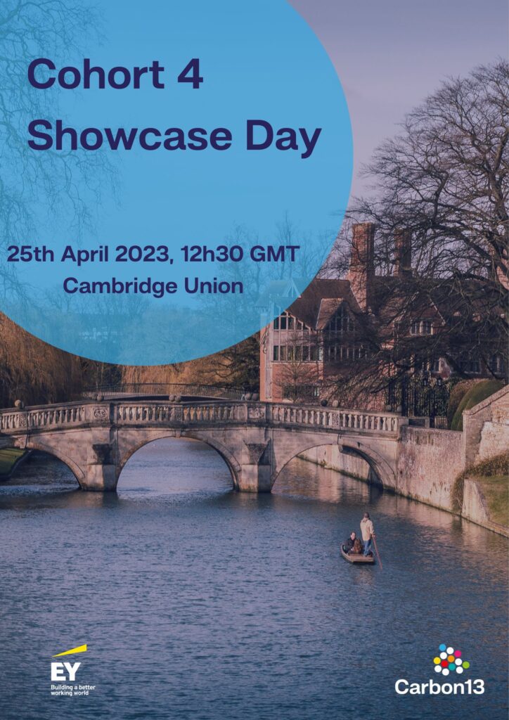 A background image of the river Cam is overlayed by a small blue bubble containing text advertising the 4th Cohort of our Venture Builder's Showcase Day on the 25th of April at 12h30