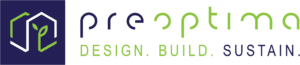 Preoptima written in blue and green text below which design build and sustain are written with a small logo on the left